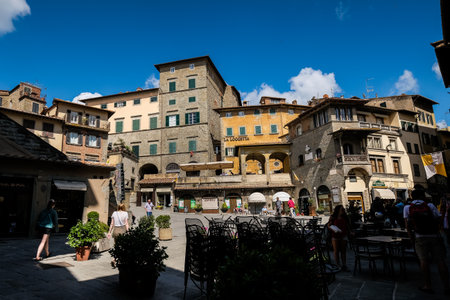CORTONA, ITALY - MAY 13, 2018: Signorelli square in the city center, Cortona is one of the oldest hill towns in Tuscanyのeditorial素材