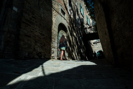 CORTONA, ITALY - MAY 13, 2018: typical stairs and streets with ornaments in the medieval centerのeditorial素材