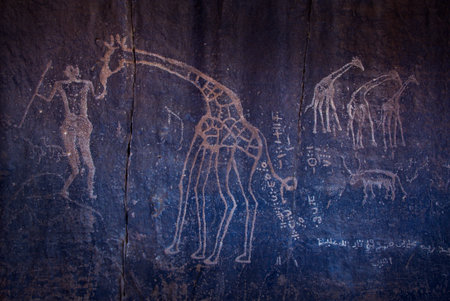 Algeria, Wilaya Tamanrasset, Hoggar Mountains, ancient rock drawings of animals in the Sahara desertの写真素材