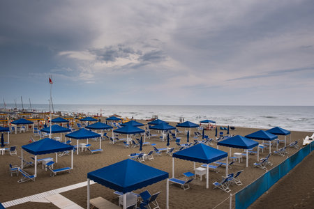 TONFANO, LUCCA, ITALY - AUGUST 13, 2018: Tonfano a seaside town with beaches by the seaのeditorial素材