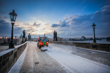 PRAGUE, CZECH REPUBLIC - FEBRUARY 19, 2013: the Saint Charles bridge during the snowfallのeditorial素材