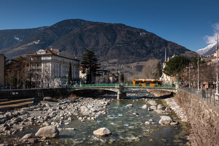 The center of Merano with the river Passirioのeditorial素材