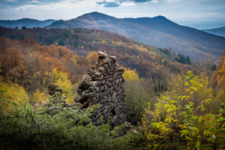 Pilgrims found refuge and refreshment in the Spedaletto of which few ruins remain on the Pontito path that leads up to Croce a Veglia,  walking along the Lucchese Apennines from the village of Pontito to the Penna of Lucchio, Lucca - Tuscany, Italyの写真素材
