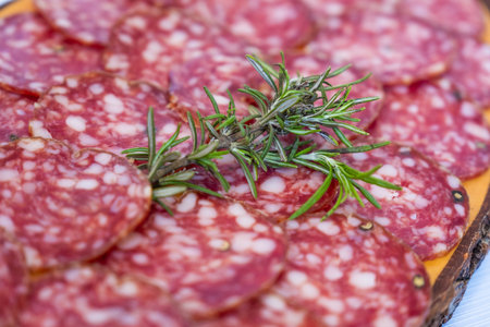Processed foods for aperitifs, tuscan pork salami with rosemary compounds and preparations for tastingsの写真素材