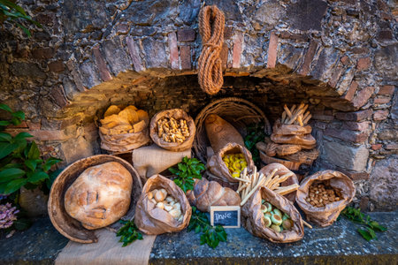 Processed various types of bread and breadsticks for aperitifs, compounds and preparations for tastingsの写真素材