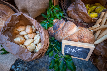 Processed various types of bread and breadsticks for aperitifs, compounds and preparations for tastingsの写真素材