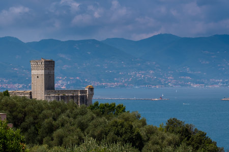 Panoramic view of the sea and ââthe urban landscape of Lerici, Gulf of La Spezia also called Gulf of poets, Liguria, Italy, Europeのeditorial素材