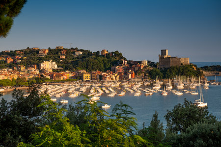 View from the sea of ââthe urban landscape of Lerici and of the Castle of San Terenzo, Gulf of La Spezia also called Gulf of poets, Liguria, Italy, Europeのeditorial素材
