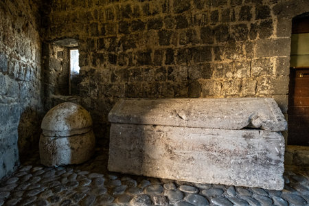 VULCI, ITALY - DECEMBER 26, 2019: archaeological finds of the Etruscan era in the park of Vulci, an ancient Etruscan city in the territory of Canino and Montalto di Castro, in the province of Viterbo, in the Maremma of Lazio.のeditorial素材