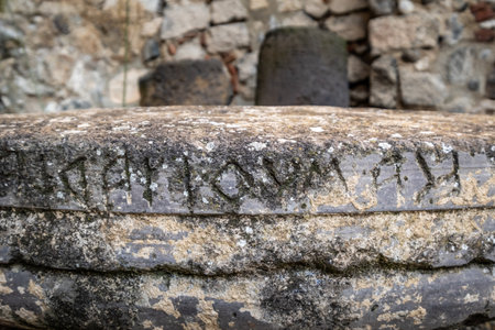 VULCI, ITALY - DECEMBER 26, 2019: archaeological finds of the Etruscan era in the park of Vulci, an ancient Etruscan city in the territory of Canino and Montalto di Castro, in the province of Viterbo, in the Maremma of Lazio.のeditorial素材