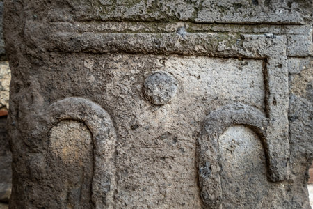 VULCI, ITALY - DECEMBER 26, 2019: archaeological finds of the Etruscan era in the park of Vulci, an ancient Etruscan city in the territory of Canino and Montalto di Castro, in the province of Viterbo, in the Maremma of Lazio.のeditorial素材