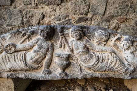 VULCI, ITALY - DECEMBER 26, 2019: archaeological finds of the Etruscan era in the park of Vulci, an ancient Etruscan city in the territory of Canino and Montalto di Castro, in the province of Viterbo, in the Maremma of Lazio.のeditorial素材