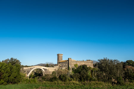 VULCI, ITALY - DECEMBER 26, 2019: panoramic view from the countryside of the Badia bridge and castle, medieval dating back to the 13th century, an ancient Etruscan city in the territory of Canino and Montalto di Castro, in the province of Viterbo, in the のeditorial素材