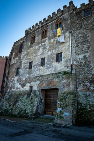 Montalto di Castro dominated by the Guglielmi Castle probably built in the 15th century by the Orsini, enclosed between the coasts of the Tyrrhenian sea, the waters of the Fiora river and the countryside of the Maremma Latiumのeditorial素材