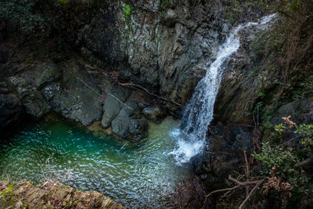 The waterfall called dell'Infernaccio in the wet forest during a trekking walk in the woods in Livorno. Tuscany, Italyの写真素材