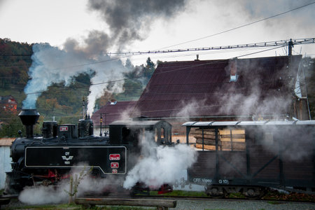 VISEUS DE SUS, ROMANIA - OCTOBER 10, 2014: Mocanita, a steam locomotive fueled by a wood fire, has...