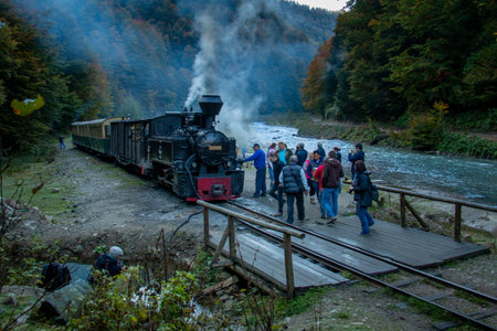 VISEUS DE SUS, ROMANIA - OCTOBER 10, 2014: Unknown people and Mocanita, a steam locomotive fueled by...