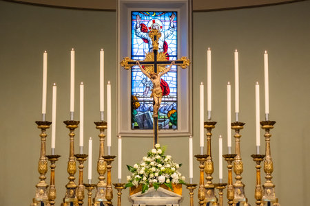 Candlesticks and cross of the christ in the  church of Santa Maria Assunta is a religious building located in Montescudaio, the earthquake in 1846 razed it to the ground, it was rebuilt from 1854 to 1857. Tuscany, Italyのeditorial素材