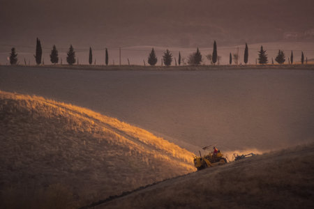 Lajatico, hilly landscape at sunset with a tractor at work next to the famous Teatro del Silenzio by Andrea Bocelli. Pisa, Tuscany, Italyの写真素材
