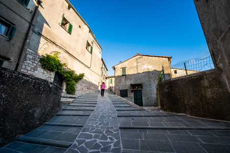The Metalliferous Hills starting from Gerfalco, a small village that was born in the Middle Ages thanks to the exploitation of minerals, the province of Grosseto, Tuscany, Italyのeditorial素材