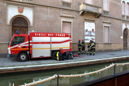 Travel to Italy. Comacchio province of Ferrara Italy 05 January 2020. Firefighters prepare for a...