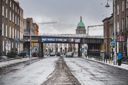 Dublin, Ireland - February 28, 2018Gardiner Street lower at the beginning of a heavy snowfall. The...