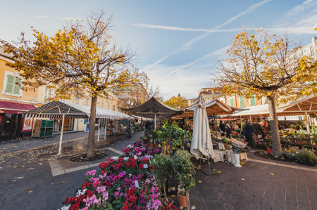 Nice, France - 11 19, 2016Famous flower market featuring fresh blooming flowers, central Place Charles Felix. Stall or Kiosk selling fresh flowers in Autumn. Booth with people buying flowers at fallのeditorial素材