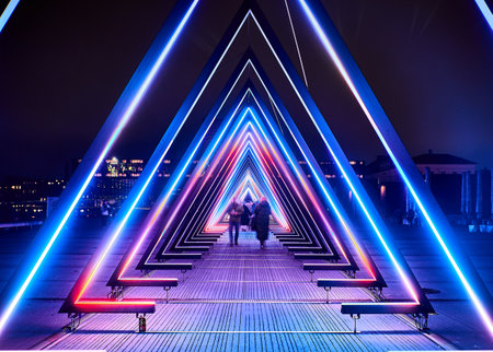 A glowing tunnel of triangles warps perception. Blurred figures drift like spectral dogs or people through a lucid dream, echoing kaleidoscopic hallucinationsの写真素材