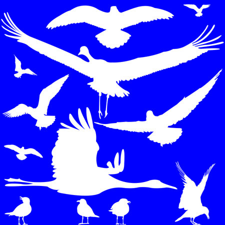 white birds silhouettes over blue, abstract art illustrationのイラスト素材