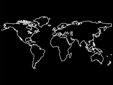 white world map outlines isolated on black background, abstract art illustrationのイラスト素材