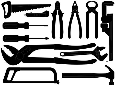 hand tools black silhouettes over white background, abstract art illustrationのイラスト素材
