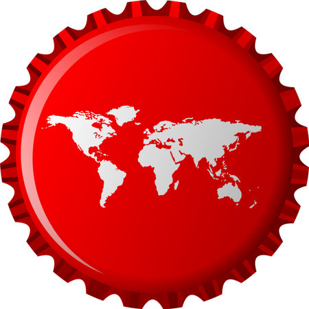 white world map on red bottle cap, abstract object isolated on white background, art illustrationのイラスト素材
