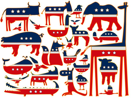 animals  against white background, with stylized american flag, abstract  art illustrationのイラスト素材
