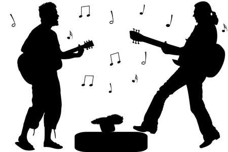 guitar rock stars, abstract singers silhouettes against white background; vector art illustrationのイラスト素材