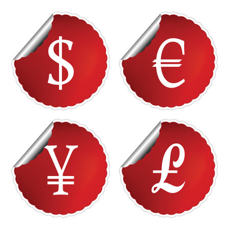 red labels with international currency symbols against white background, abstract vector art illustrationのイラスト素材