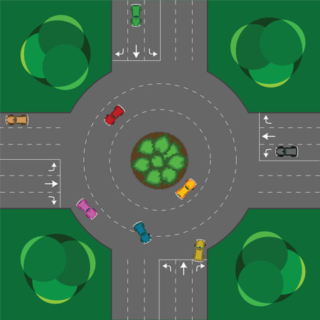 round intersection, cars and trees; abstract vector art illustrationのイラスト素材