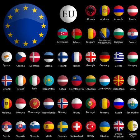 europe glossy icons collection against black background, abstract vector art illustrationのイラスト素材
