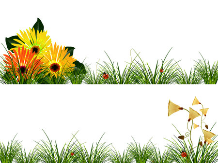 headers with flowers, grass and ladybugs; abstract vector art illustration; image contains transparencyのイラスト素材
