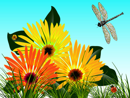 bugs and flowers card; abstract vector art illustration; image contains transparencyのイラスト素材