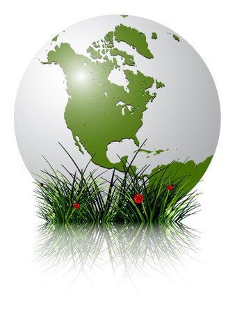 earth globe and grass reflected against white background; abstract vector art illustration; image contains transparency and clipping masksのイラスト素材
