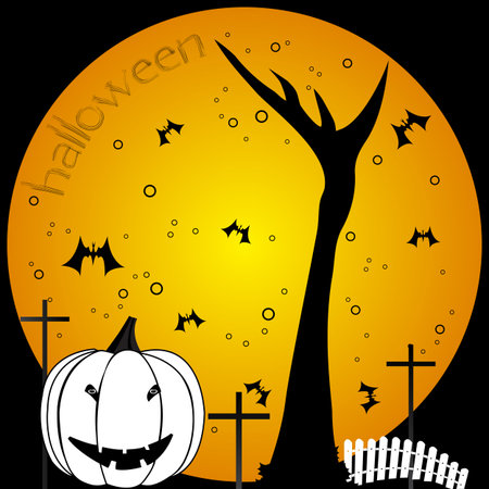 halloween scenery with scary tree, bats and pumpkin over a cemetery background; abstract vector art illustrationのイラスト素材