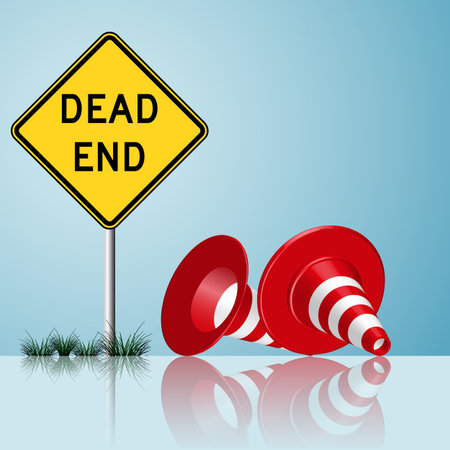 dead end sign with cones and grass reflectedのイラスト素材