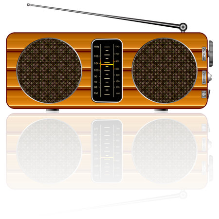 wooden retro radio reflected against white background, abstract vector art illustration; image contains transparency and opacity maskのイラスト素材