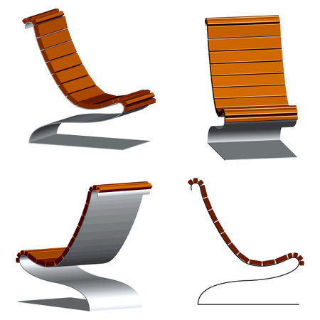 wooden 3d chairs with steel frames against white background, abstract vector art illustrationのイラスト素材
