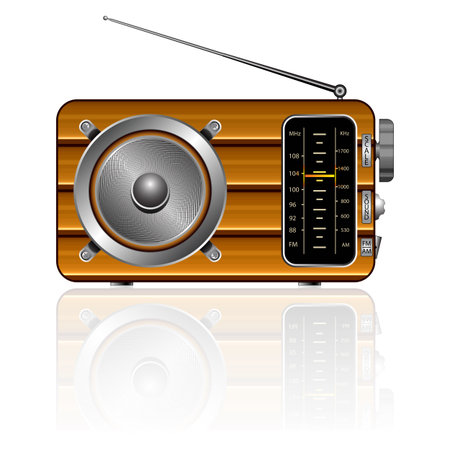 wooden retro radio reflected against white background, abstract vector art illustration; image contains transparency and opacity maskのイラスト素材