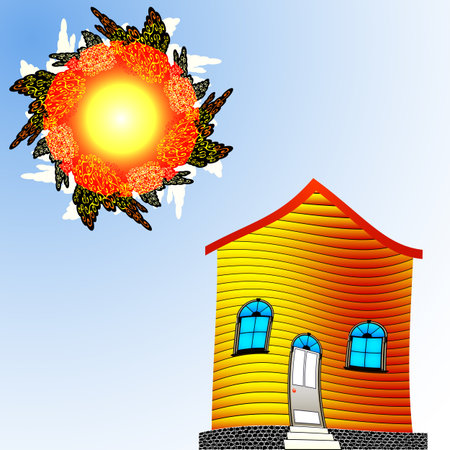 twisted house and sun, abstract vector art illustration; image contains transparencyのイラスト素材