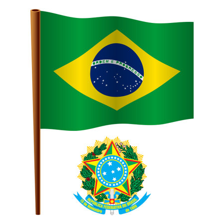 brasil wavy flag and coat of arms against white background, vector art illustration, image contains transparencyのイラスト素材