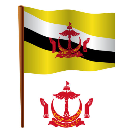 brunei wavy flag and coat of arms against white background, vector art illustration, image contains transparencyのイラスト素材