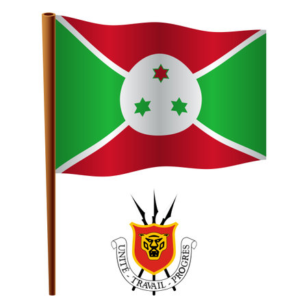 burundi wavy flag and coat of arms against white background, vector art illustration, image contains transparencyのイラスト素材