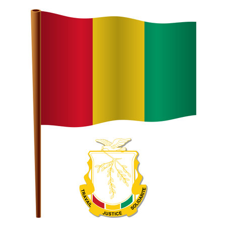 guinea wavy flag and coat of arms against white background, vector art illustration, image contains transparencyのイラスト素材
